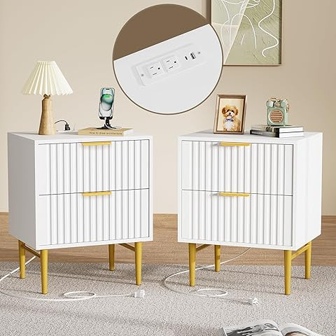 White Nightstand Set of 2, Fluted Night Stand with Charging Station, 13.8" D x 15" W x 23.2" H, 2... | Amazon (US)