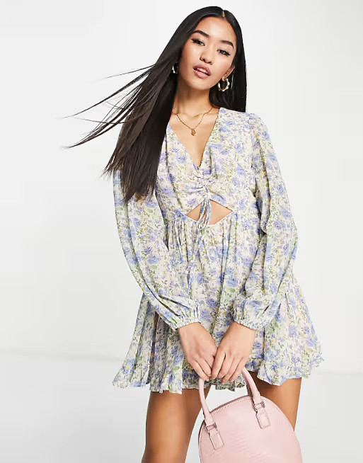 Love Triangle balloon sleeve playsuit in blue vintage floral | ASOS (Global)