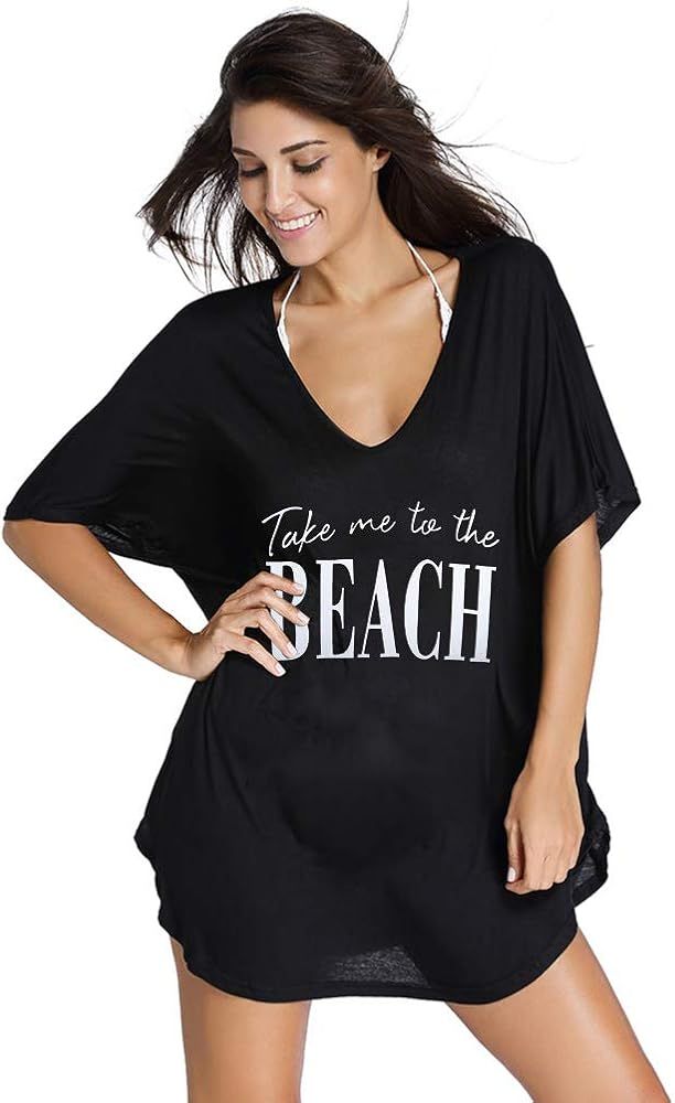 Oryer Swimsuit Cover Ups for Women Baggy V-Neck Swimwear Bathing Suit Coverups T-Shirt Dress Beach S | Amazon (US)