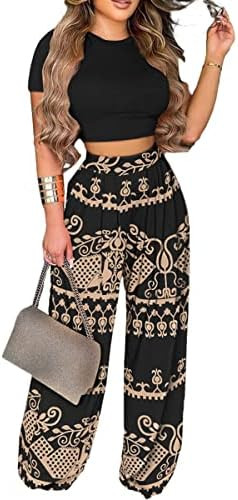 2 Piece Outfits for Women Short Sleeve Crop Top High Waist Wide Leg Long Pant Sets Tracksuit Spor... | Amazon (US)
