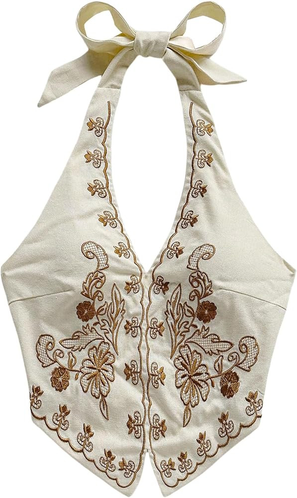 OYOANGLE Women's Floral Boho Summer Halter Crop Tops Embroidery Vacation Tank Top Tie Backless Vi... | Amazon (US)