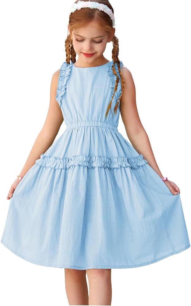 GRACE KARIN Girls Sleeveless Casual Dress Ruffled A-line Cotton Spring Summer Dress 5-12Y | Amazon (US)