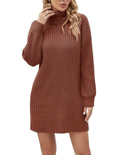 SANGTREE Women Turtleneck Sweater Dress Long Lantern Sleeve Sweaters Casual Loose Knit Pullover Winter Dresses, Maroon, L | Amazon (US)