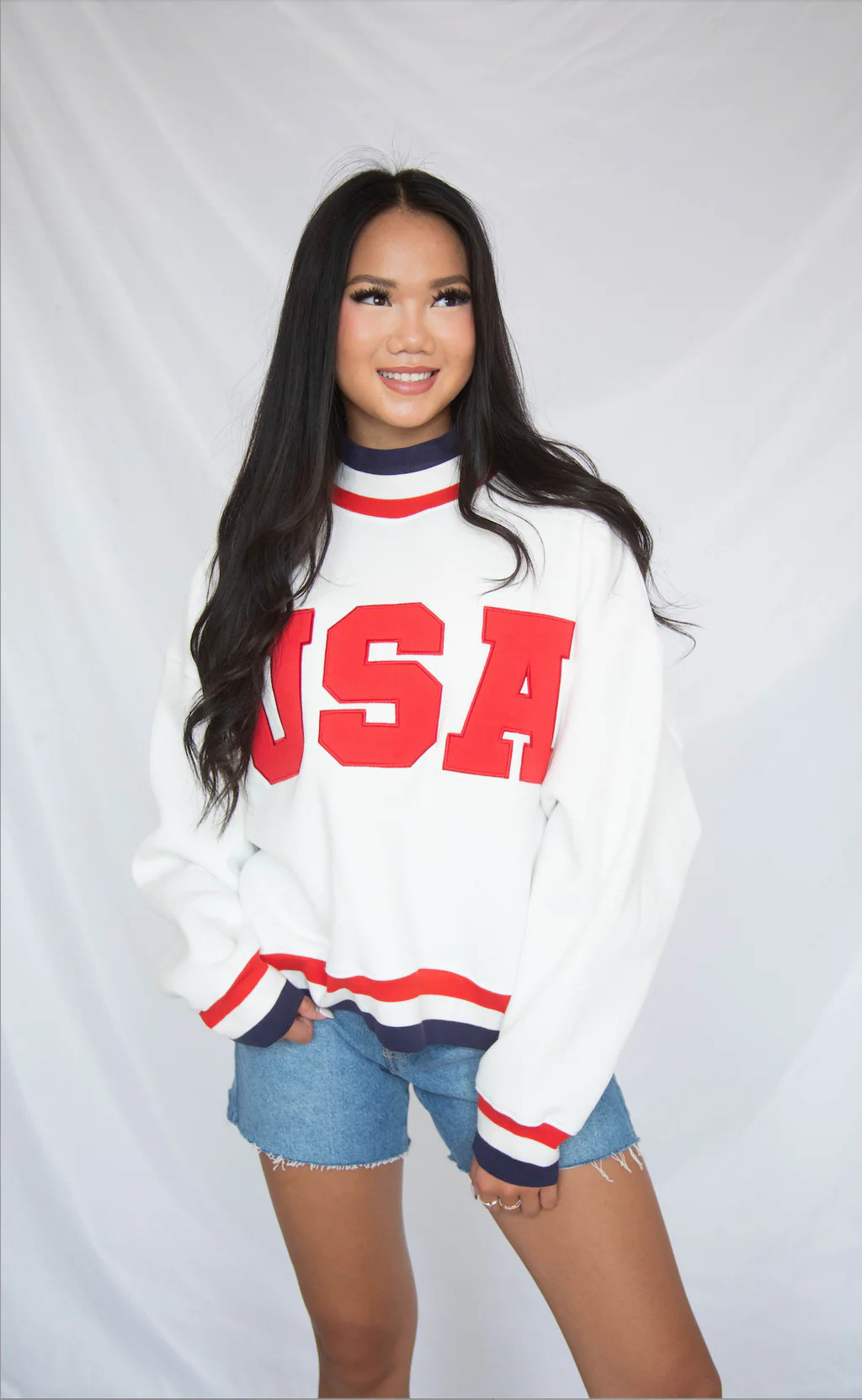 usa embroidered striped mockneck sweatshirt - white | RIFFRAFF