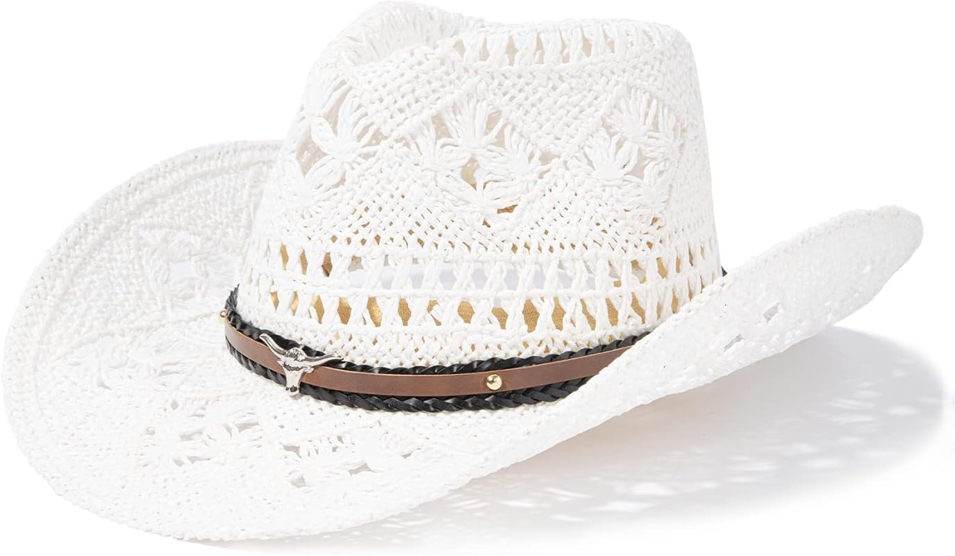 ANDORRA Men & Women's Woven Straw Cowboy Hat Wide Brim Western Cowgirl Hat | Amazon (US)