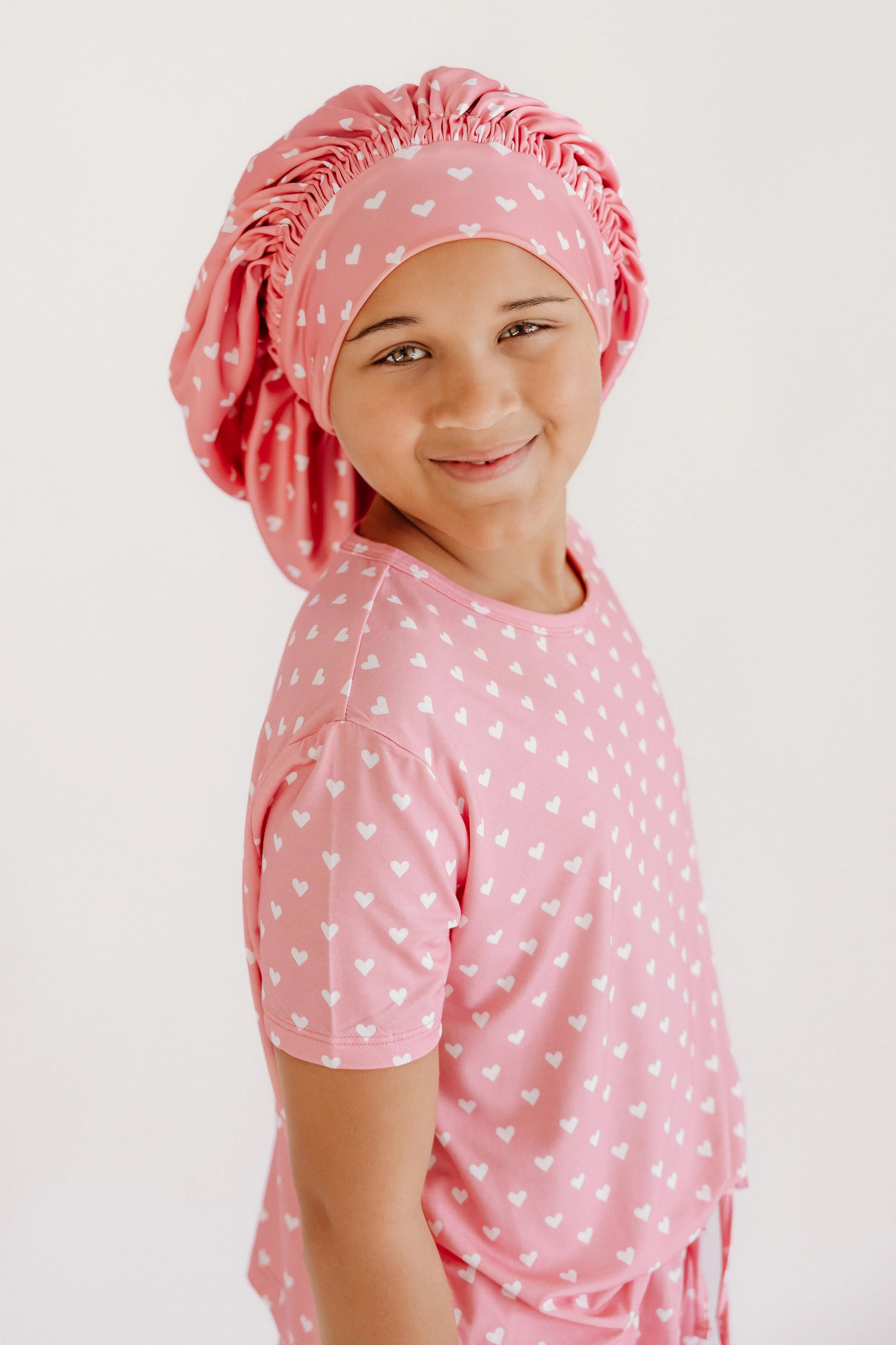 Kids Satin Bonnet in Pink Hearts | Silks Design