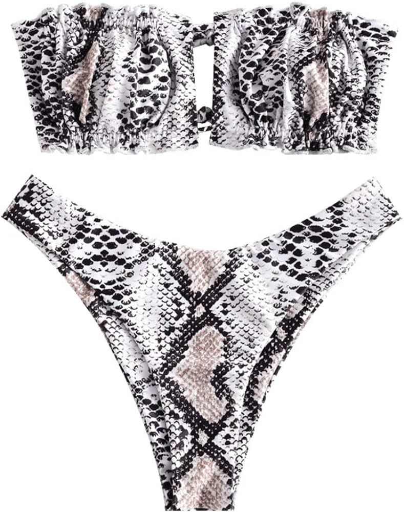 ZAFUL Women's Strapless Ribbed Tie Back Ruffle Cutout Bandeau Bikini Set Swimsuit | Amazon (US)