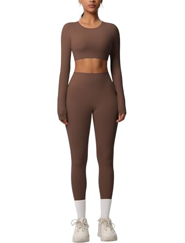 Womens Workout Sets Two Piece Crew Neck Long Sleeve Crop Top Matching Tummy Control High Waist Leggings Set 2 Piece For Women Gym Yoga Active Wear Outfits Athletic Work Out Clothes Brown L | Amazon (US)