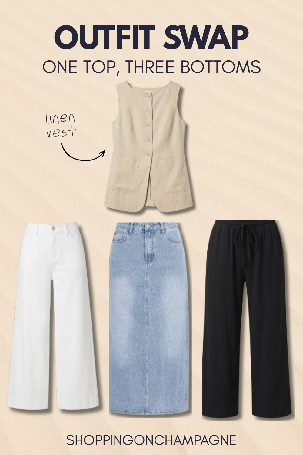 Take one fabulous linen vest and wear it three completely different ways just by swapping out the bottoms. Pair it with white jeans, a denim skirt, or black pants for a look you'll love all summer! 

 #LTKSeasonal #LTKU #LTKOver40