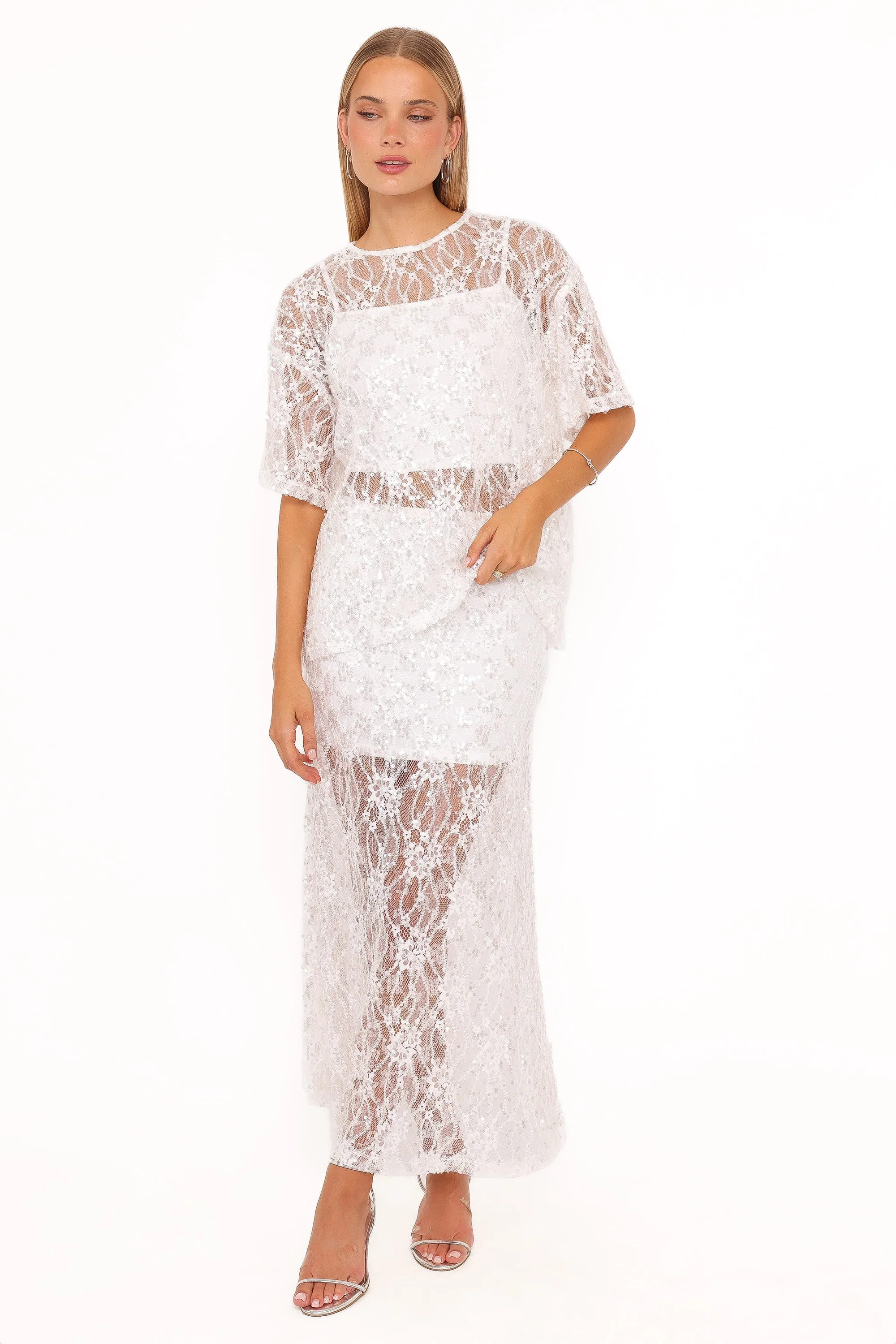 Yonder Sheer Panel Lace Maxi Skirt - White | Petal & Pup (US)