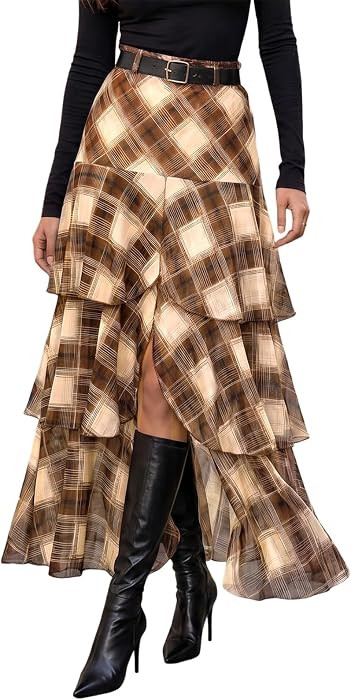 Wenrine Womens Mesh Maxi Skirt Polka Dot Front Split Tiered Plaid Skirts | Amazon (US)