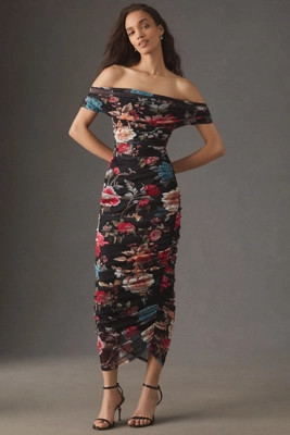 BHLDN Off-Shoulder Gathered Stretch Mesh Slim Midi Dress | Anthropologie (US)