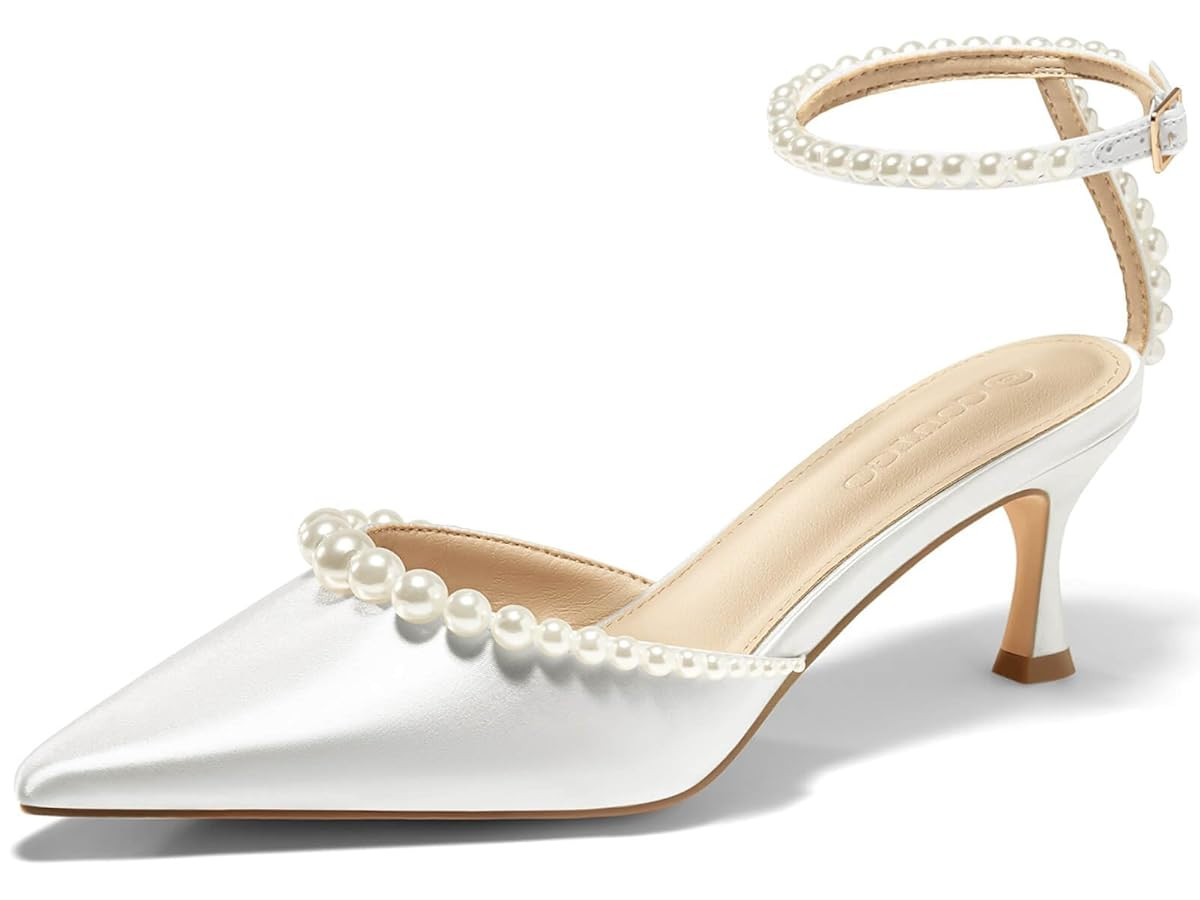Coutgo Womens Pearl Kitten Heels Closed Pointed Toe Wedding Bride Dress Shoes Ankle Strap Satin P... | Amazon (US)