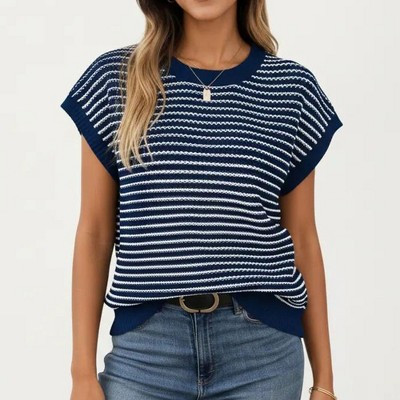 Anna-Kaci Striped Knit Cap Sleeve Top with Ribbed Trim and Relaxed Fit - Medium, Navy | Target