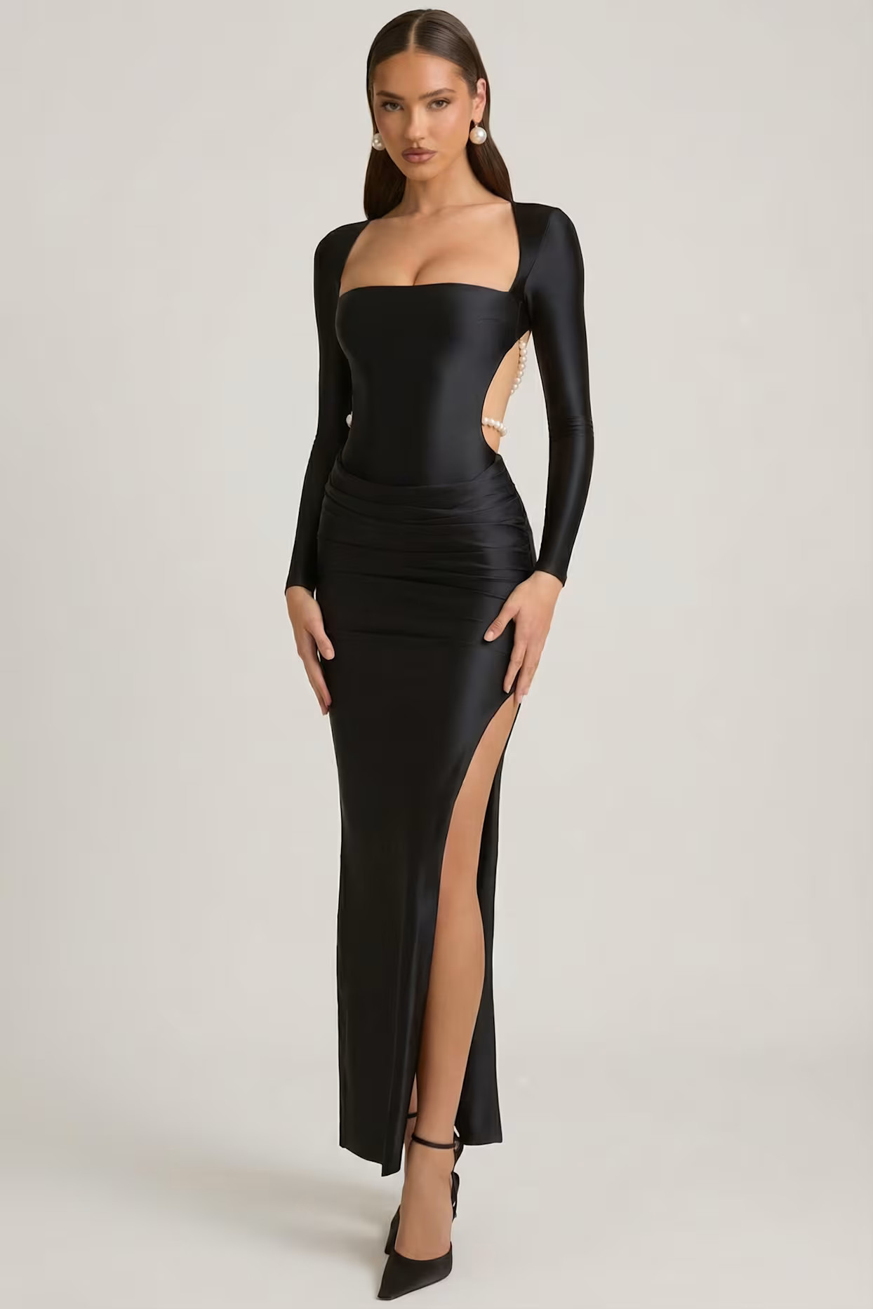 Pearl-Detail Cut-Out Maxi Dress in Black | Oh Polly