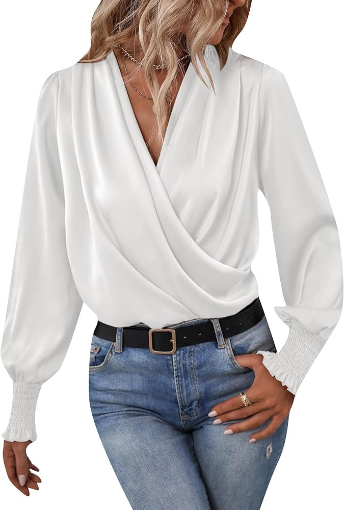DIACACY Women's Satin Ruched Blouse Draped V Neck Silk Fall Long Sleeve Casual Blouse Shirts Pull... | Amazon (US)