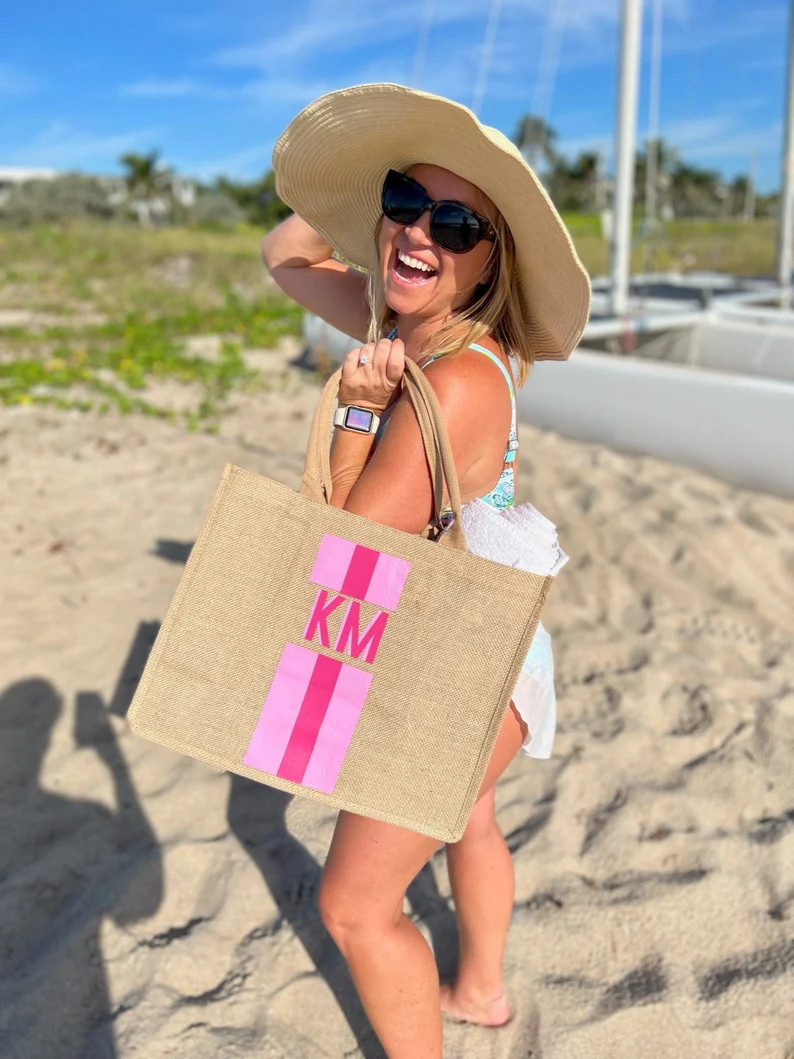 Striped Shadow Monogram Jute Tote Carryall Bag - Etsy | Etsy (US)