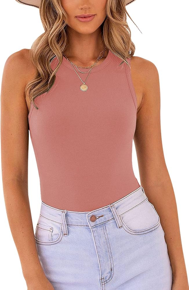 MISSJOY Women's Basic Sleeveless Racer Back Halter Neck Ribbed Bodysuit Tank Tops | Amazon (US)