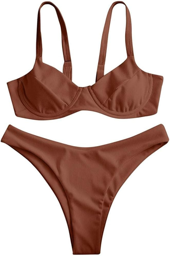 ZAFUL Women's Ribbed Underwire Bikini High Cut Bikini V Notch Smocked Swimwear Butterfly Print Hi... | Amazon (US)