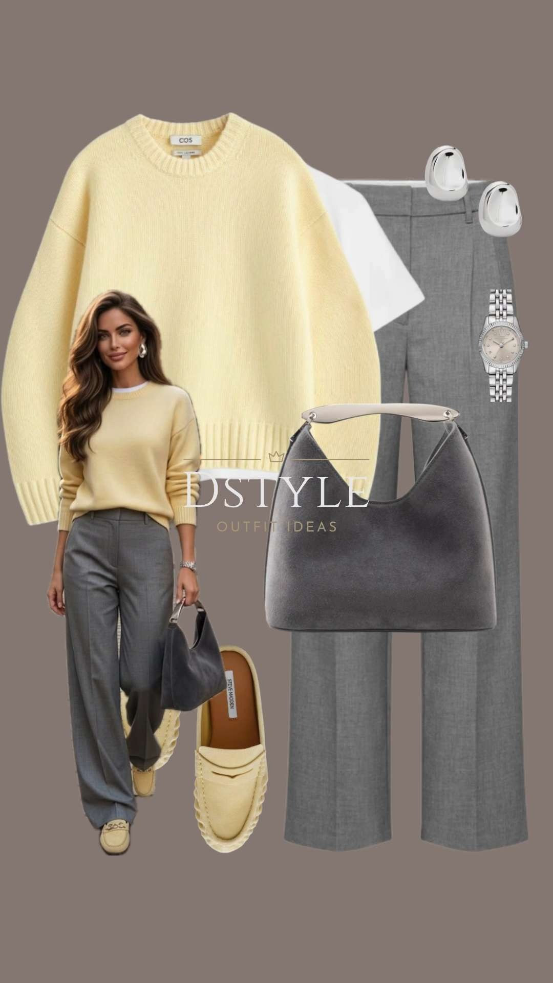 Butter Yellow & Cool Grey 🧈🩶
Shop the Look:

The Knit: A cozy, oversized COS cashmere sweater in a soft butter yellow.

The Trousers: High-waisted grey tailored pants for a sophisticated silhouette.

The Hero Bag: My favorite hobo bag updated in a sleek charcoal suede with silver hardware.

The Shoes: Matching yellow suede loafers to tie the color palette together.

Jewelry: Modern silver teardrop earrings and a classic link watch.

tags: Butter yellow sweater, grey tailored trousers, COS knitwear, suede loafers, office style ideas, spring workwear, quiet luxury 

 

#LTKootd #LTKWorkwear