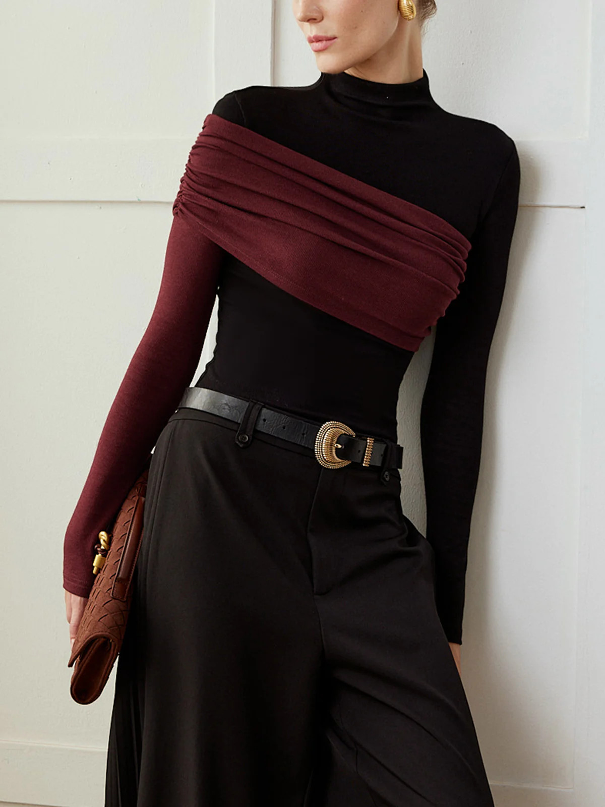 Color Block Pleated Jersey Slim Top | Commense