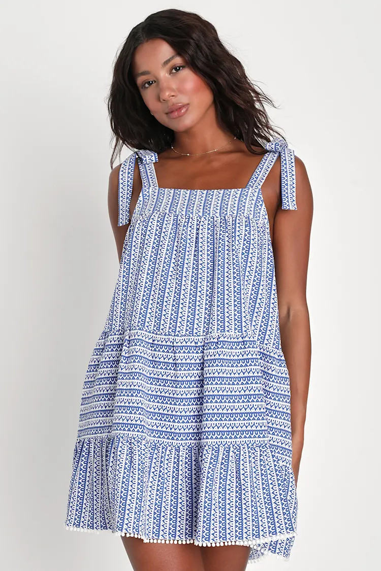 Chic in Santorini Blue and White Tie-Strap Dress With Pockets | Lulus