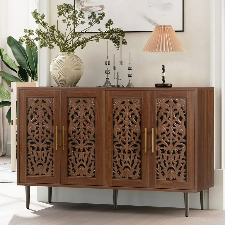 HLR 48" Accent Cabinet with 4 Doors, Vintage Hollow Carving Storage Credenza, Sideboards and Buff... | Walmart (US)