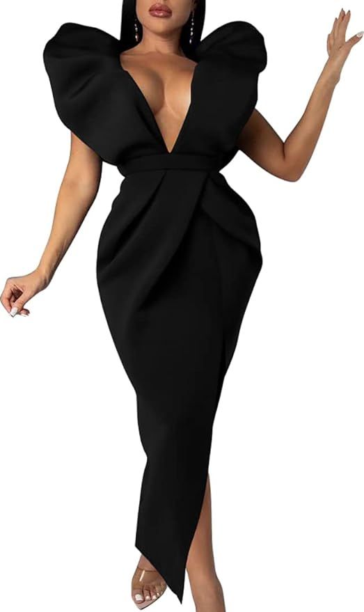 Memoriesea Women's Sexy Deep V Neck Puff Sleeve Side Split Ruched Backless Gown Dress | Amazon (US)