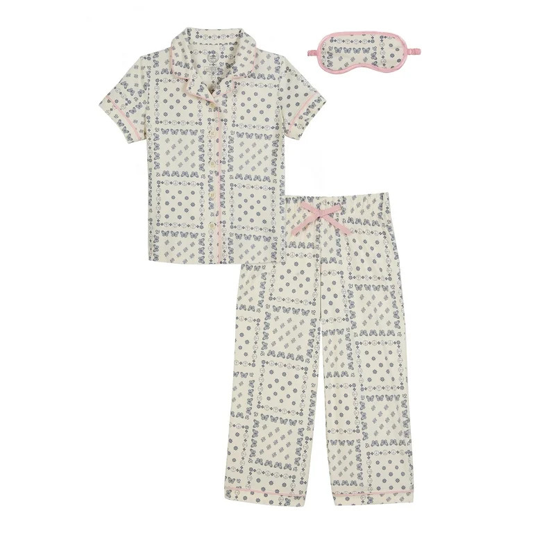 Wonder Nation Girls Button Front Short Sleeve Top & Pant Pajama Set with an Eyemask, 3-Piece, Siz... | Walmart (US)