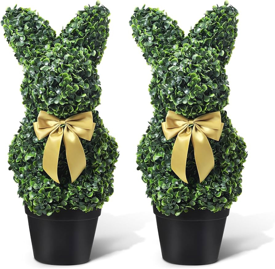 Yunlly 2 Pcs Artificial Bunny Shaped Topiary Trees with Gold Bow Faux Rabbit Boxwood Decor Boxwoo... | Amazon (US)