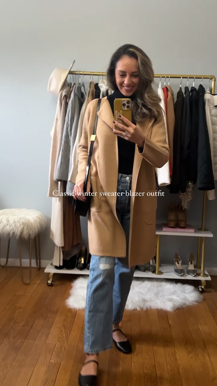 Jcrew coat blazer, jcrew coatigan, straight leg jeans, black ballerina flats, winter outfit  

#LTKfindsunder100 #LTKSeasonal #LTKsalealert