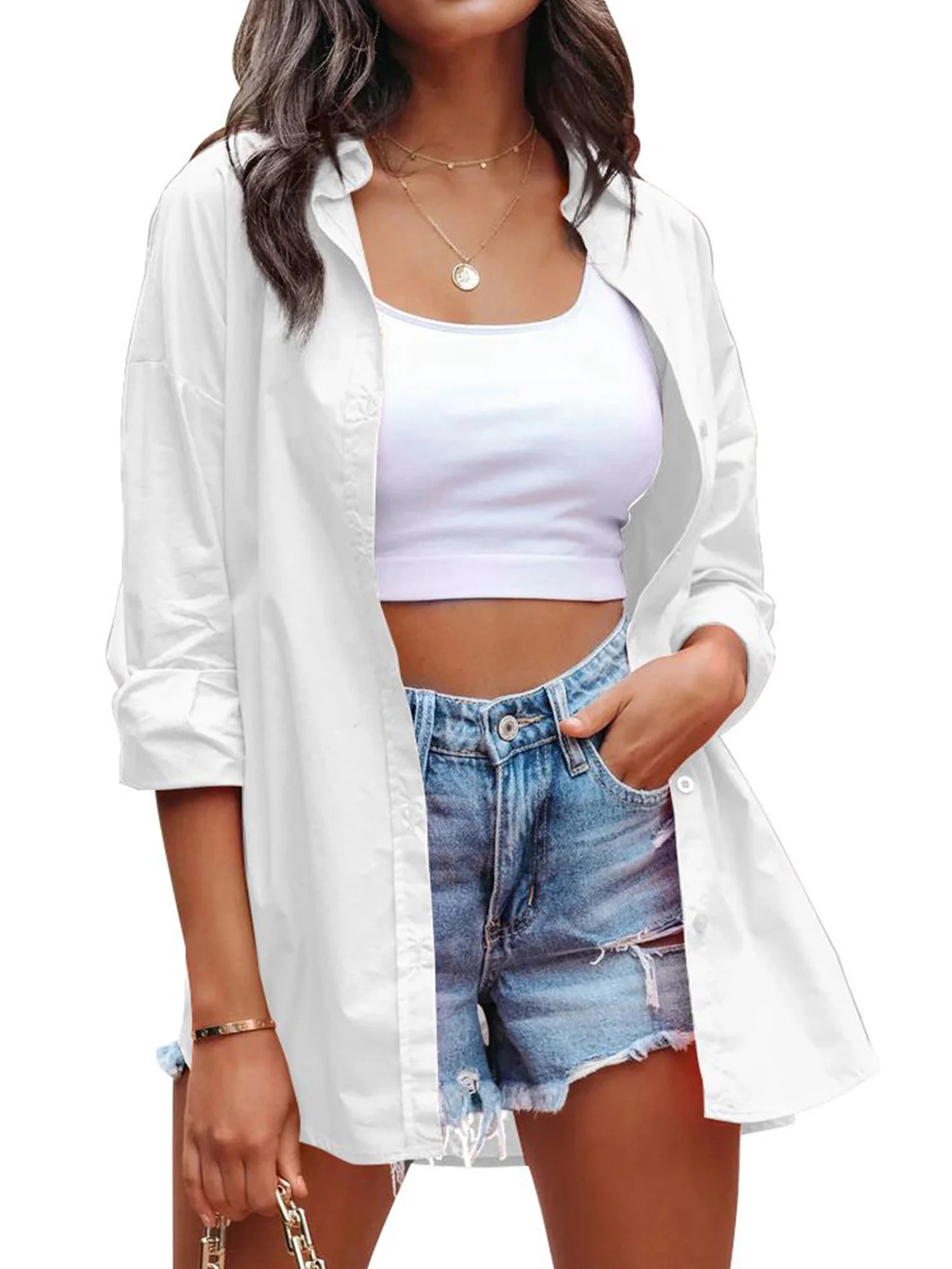 SHIBEVER Womens long sleeve shirts Oversized Blouses Tops Button Down Shirts V neck Loose Fit Wor... | Walmart (US)