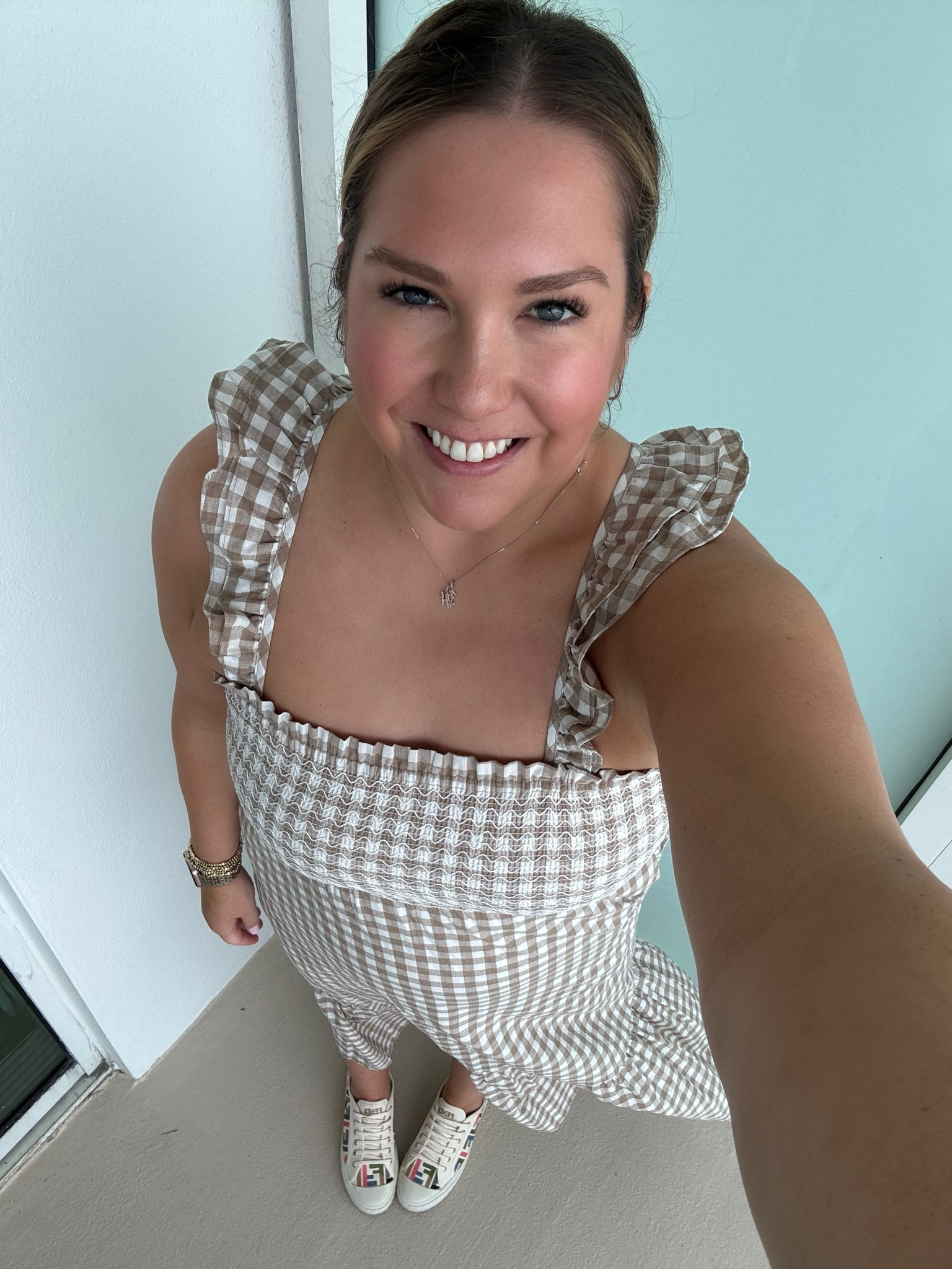 Outfit change for lunch and exploring South Beach. I love this style dress, I have it in a couple prints and it’s so easy to wear. The straps add so much interest. I paired it with my sneakers for some color and my new initial necklace I just never take off!

#LTKTravel #LTKMidsize #LTKShoeCrush