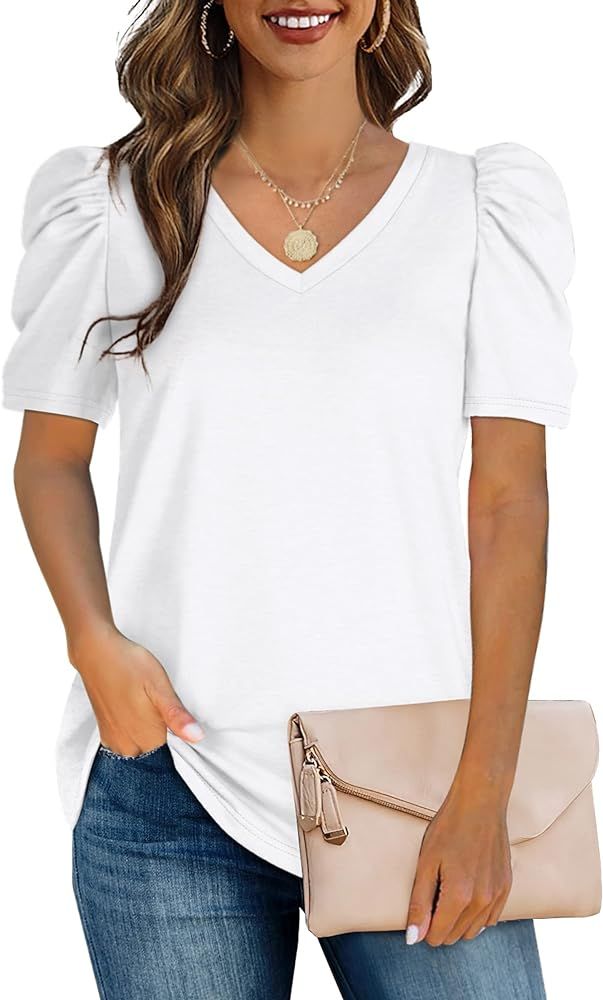 Womens Puff Sleeve Tops V Neck Tunic Tshirts Shirts | Amazon (US)