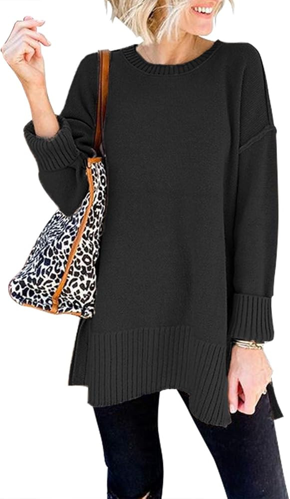 MEROKEETY Women's Casual Crew Neck Side Split Pullover Sweater Loose Long Sleeve Jumper Top | Amazon (US)