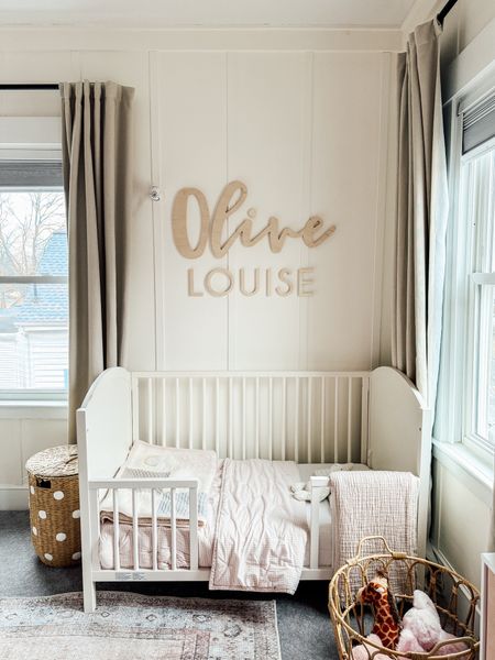 Toddler Girl Bedroom. Crib bedding, Wood Name Sign, White Convertible Crib. Toddler Bed. 

#LTKKids #LTKHome #LTKFamily
