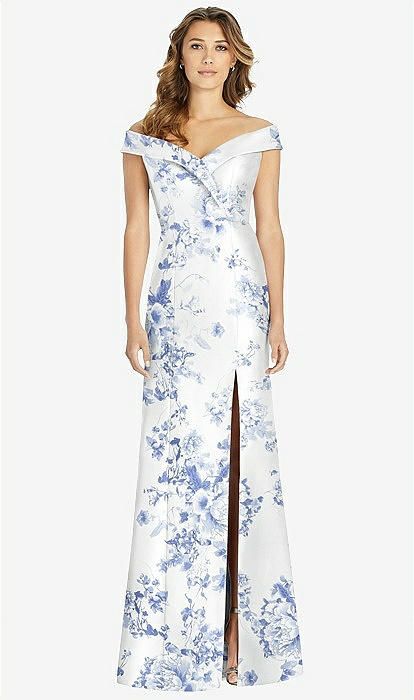 Off-the-Shoulder Cuff Floral Trumpet Gown with Front Slit in Cottage Rose Larkspur | The Dessy Group