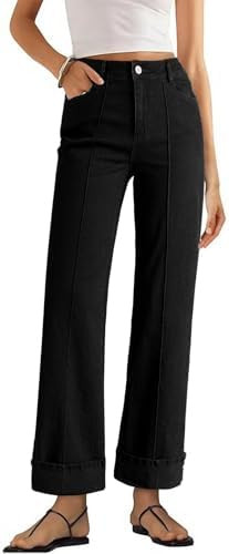 Sidefeel Women's Wide Leg Cuffed Jeans High Waisted Baggy Stretchy Denim Pants with Pockets | Amazon (US)
