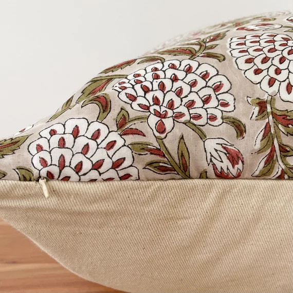 Hand block print pillow, gray/Rusty/green/white floral pillow cover. 20x20”22x22”24x24” | Etsy (US)