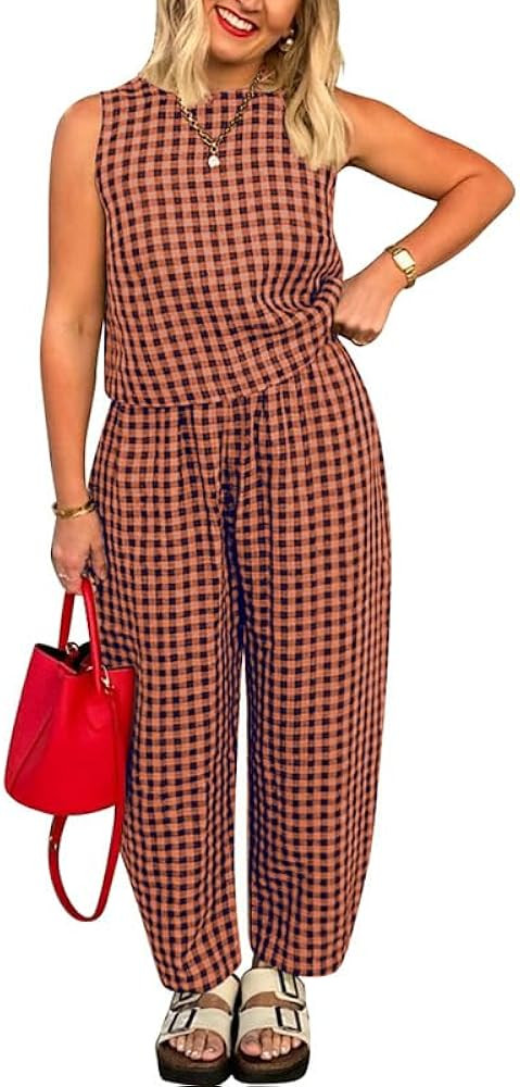 Women 2 Piece Summer Outfits Plaid Sleeveless Lounge Wear Sets Crop Tanks and Long Pant Sets with... | Amazon (US)