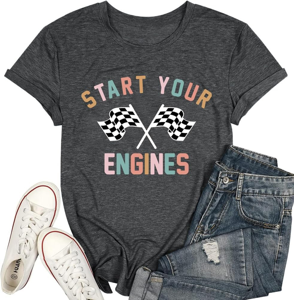 Start Your Engines Shirt for Women Racing Car Checkered Graphic Tees | Amazon (US)