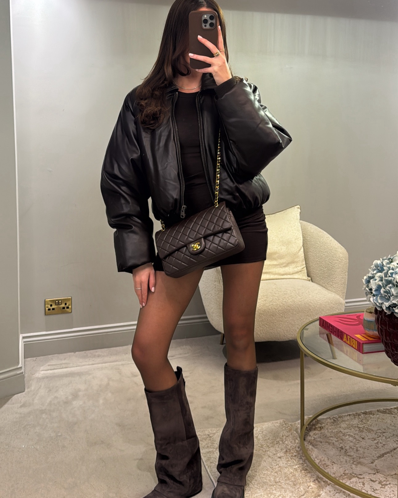 Winter outfit. Night out outfit. Casual night out outfit. Bomber jacket. Leather jacket. Puffer jacket. Brown jacket. Brown dress. Mini dress. T shirt dress. Long sleeve dress. Suede boots. Knee high boots. Brown boots. Tights. Amazon. H&M. Pull & bear  

#LTKstyletip #LTKuk #LTKwinter