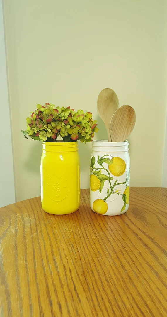 LEMON Kitchen Mason Jar Set, Kitchen Decor, Utensil holder, Decoupage Jar, Mason Jar Vase, Cottag... | Etsy (US)
