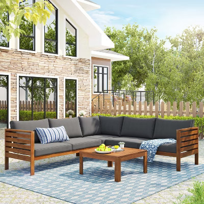 Racxily Outdoor Sofa Set, Acacia Wood Frame with Gray Water-Resistant Cushions & Metal Accessories | Target