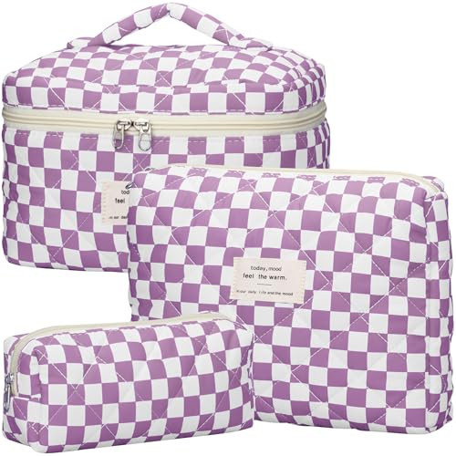 TESAFNG Quilted Makeup Bag Set - 3 PCS Cute Floral Cotton Makeup Bag, Large Coquette Aesthetic Make up Cosmetic Bag, Flower Travel Toiletry Organizer Bags for Women Girls (Checkered Purple) | Amazon (US)