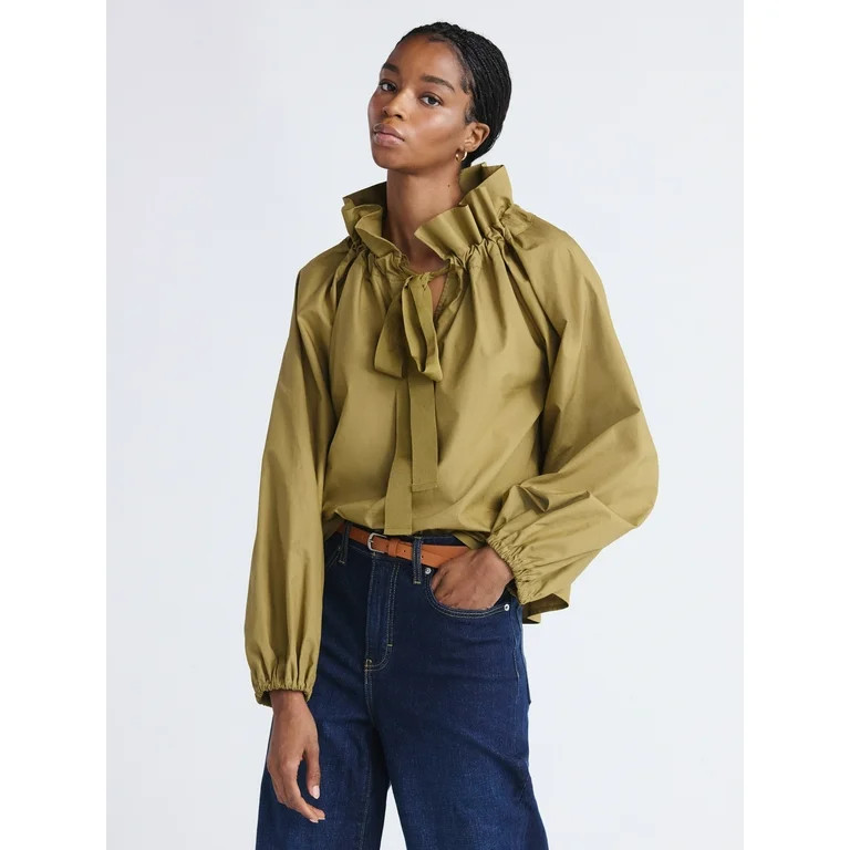 Free Assembly Women's and Women's Plus Size Ruffle Neck Cotton Top with Long Sleeves, XS-4X | Walmart (US)