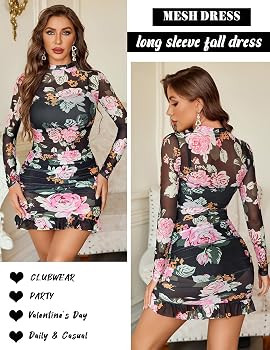 Avidlove Long Sleeve Dress for Women Bodycon Fall Sheer Mesh Dresses Mock Neck Ruched Party Clubw... | Amazon (US)