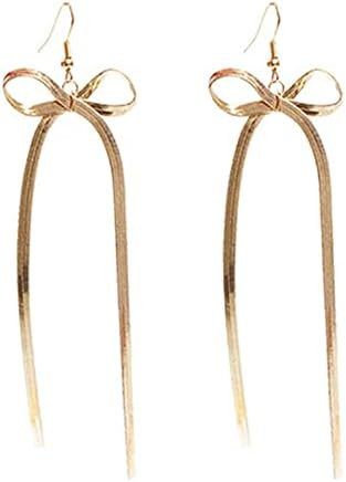 DoubleNine Bow-Knot Ribbon Drop Dangle Earrings Handmade Gold Minimal Snake Chain Textured Christ... | Amazon (US)