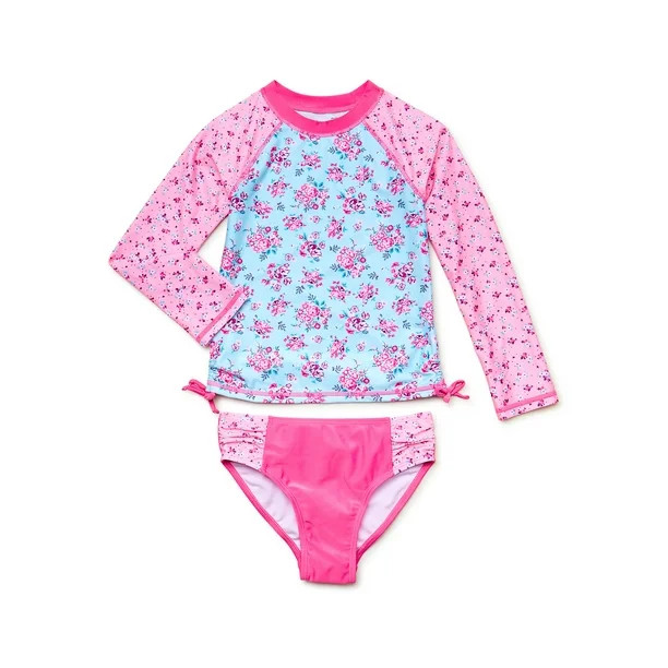 Wallflower Girls Long Sleeve Rash Guard and Swimsuit Bottoms Set, 2-Piece, Sizes 4-16 | Walmart (US)
