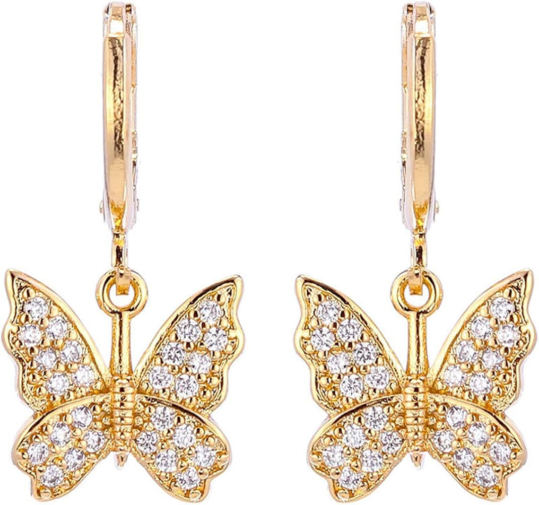 INENIMARTJ Charm Butterfly Hoop Earrings,14K Gold Silver Crystal Butterfly Drop Dangle Earrings for  | Amazon (US)